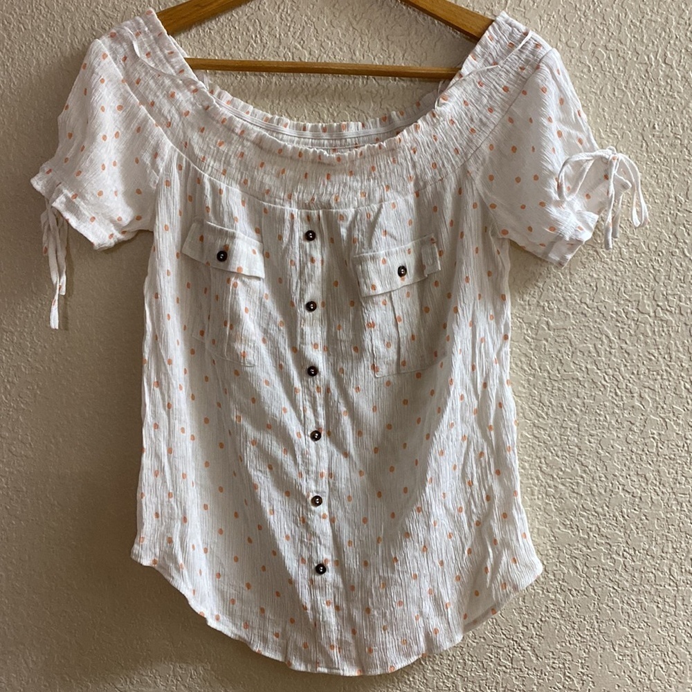 Women's White Off-Shoulder Dot Button-Front Top